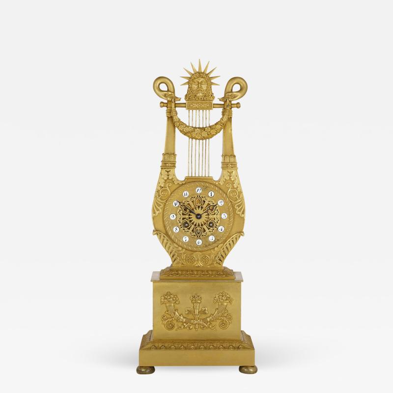  Leroy Paris French Neoclassical style lyre form gilt bronze clock