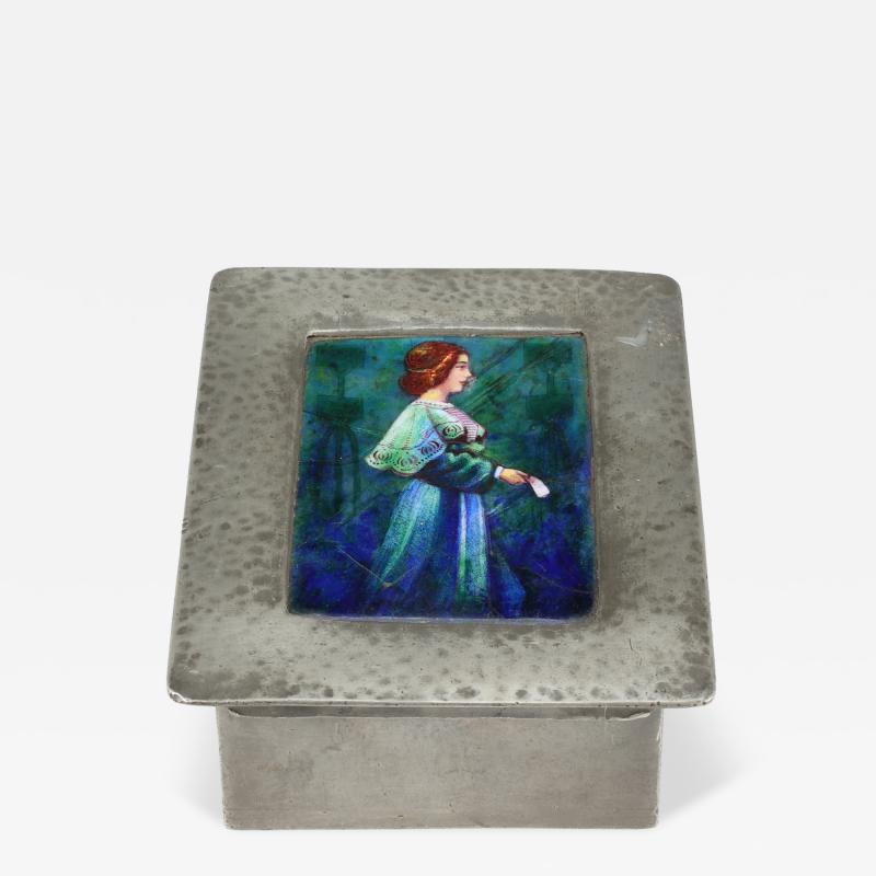  Liberty Co Liberty Co An Arts Crafts Pewter Box with an Enamel Maiden to the Lid