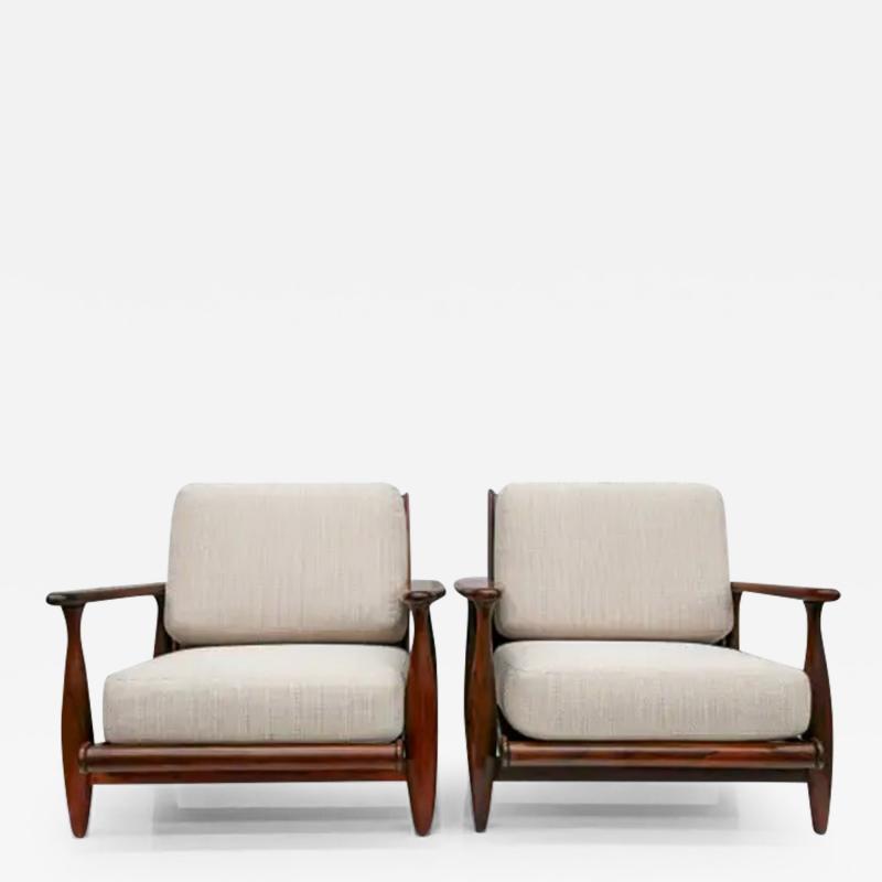  Liceu de Artes e Of cios Brazilian Modern Armchairs in Hardwood Beige Linen by Liceu De Artes 1960s