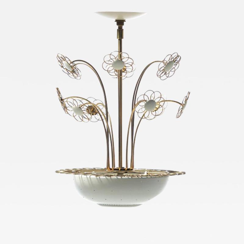  Lightolier 1950s Paavo Tynell Style Blooming Brass White Daisies Chandelier by Lightolier