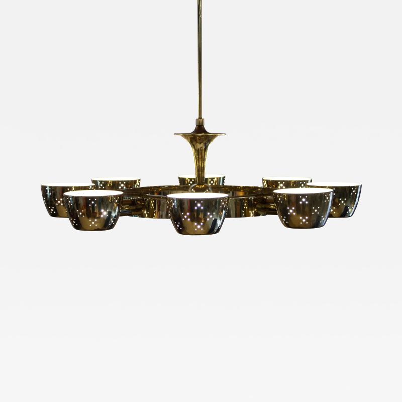  Lightolier Lightolier Chandelier after Gino Sarfatti in Perforated Brass and Frosted Glass