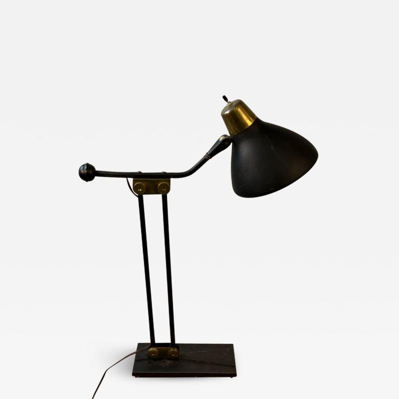  Lightolier MID CENTURY MODERNIST BLACK AND BRASS WHEEL ADJUSTABLE LAMP