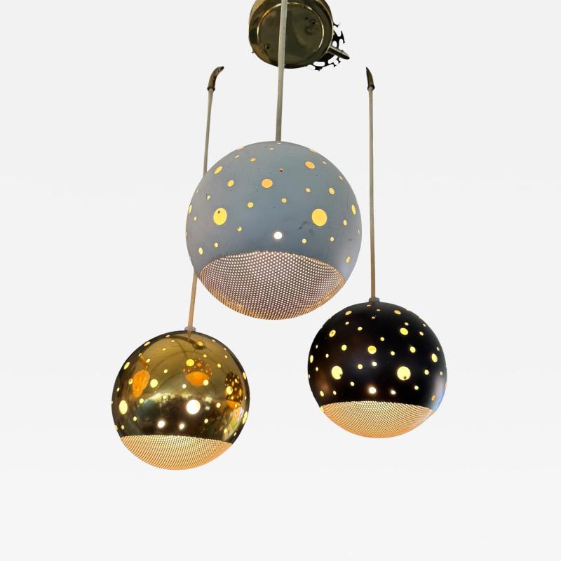  Lightolier MID CENTURY MODERNIST BRASS WHITE BLACK ENAMEL THREE BALL CHANDELIER