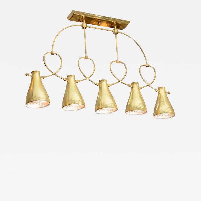  Lightolier MODERNIST MID CENTURY FIVE LIGHT BRASS CHANDELIER BY LIGHTOLIER