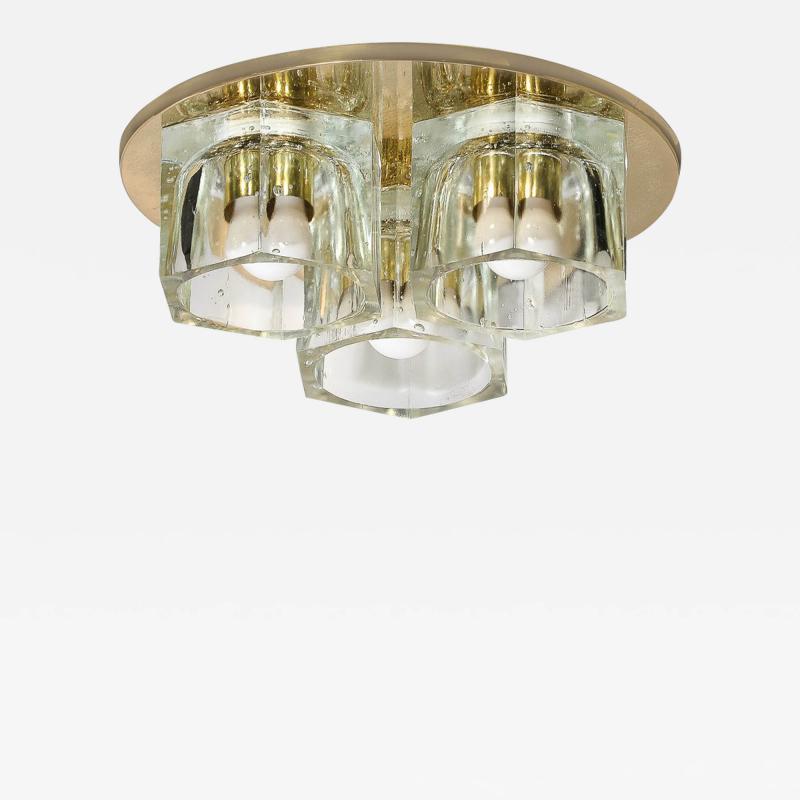  Lightolier Mid Century Hexagonal 3 Shade Glass Flush Mount Chandelier w Brass by Ligholier