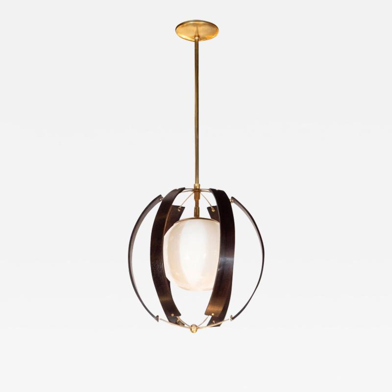  Lightolier Midcentury Ebonized Walnut Brass and Opaline Glass Chandelier by Lightolier