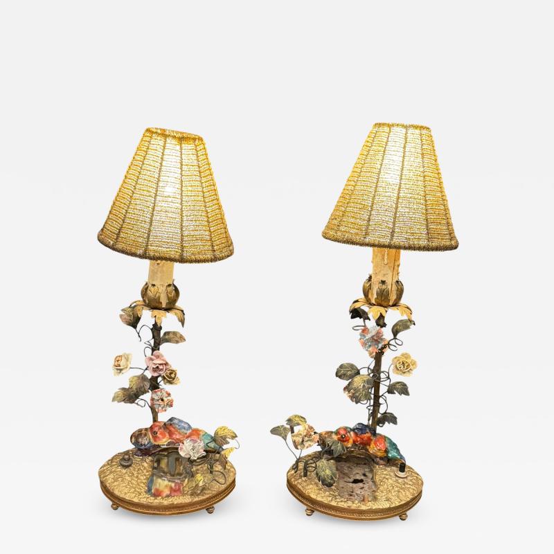  Limoges BEAUTIFUL CHARMING FRENCH CERAMIC BIRD FLOWERED VINE MIRROR POND BRONZE LAMPS