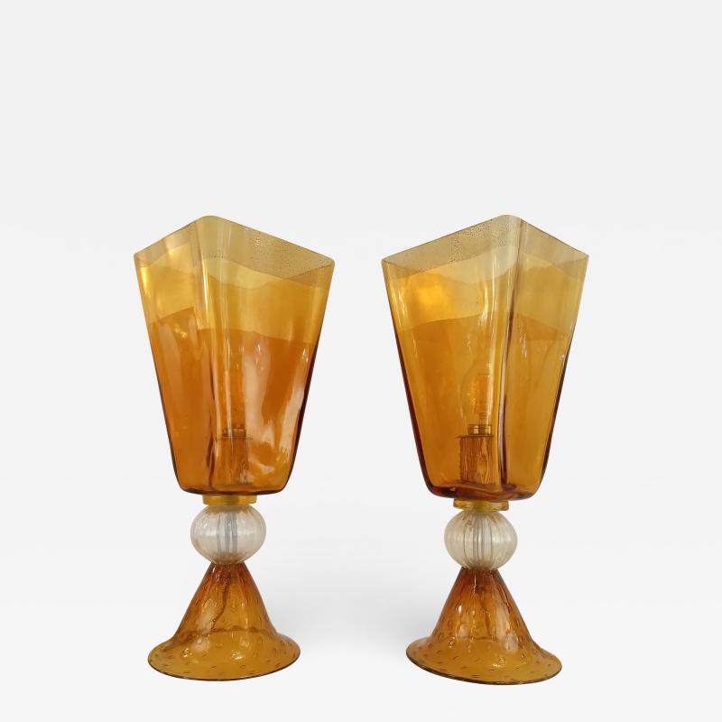  Linea Padovan Linea Padovan 1970s Vintage Pair of Amber Gold and Crystal Murano Glass Lamps