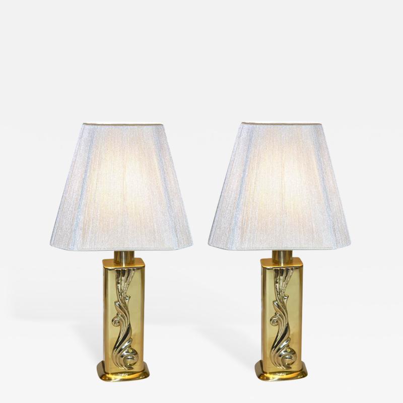  Lipparini Lipparini 1960s Italian Vintage Pair of Gold Brass Lamps with White Silk Shades