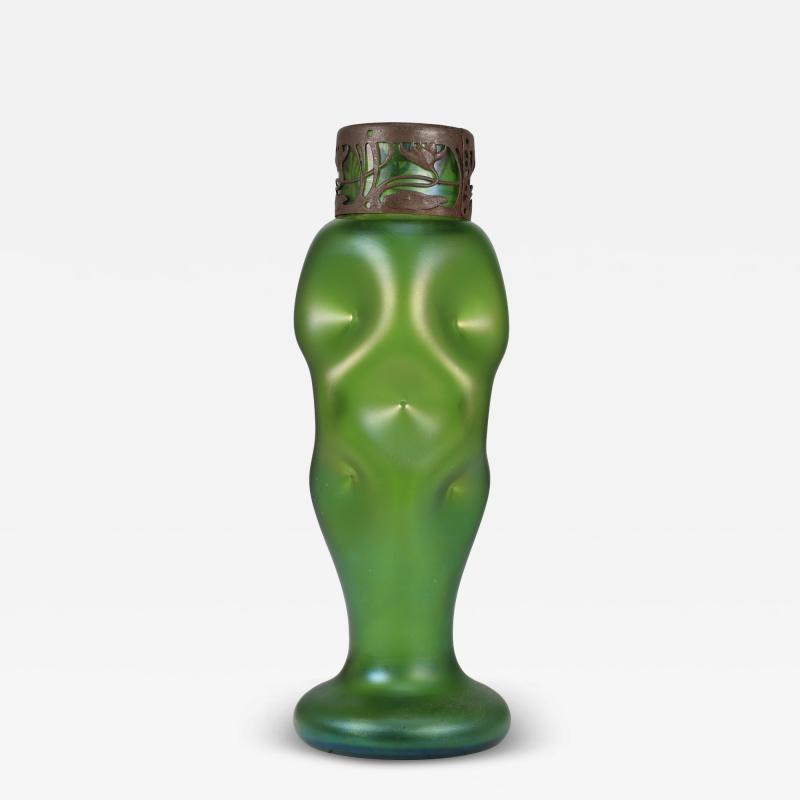  Loetz Glass Loetz attr A tall Art Nouveau green iridescent vase with brass floral collar 