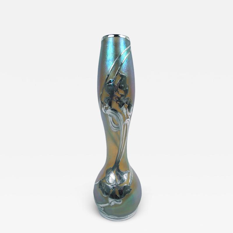 Loetz Loetz Tall Art Nouveau Iridescent Vase with Floral Silver Overlay