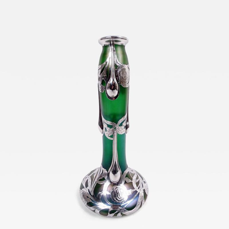  Loetz Tall Loetz Art Nouveau Green Vase with Alvin Silver Overlay