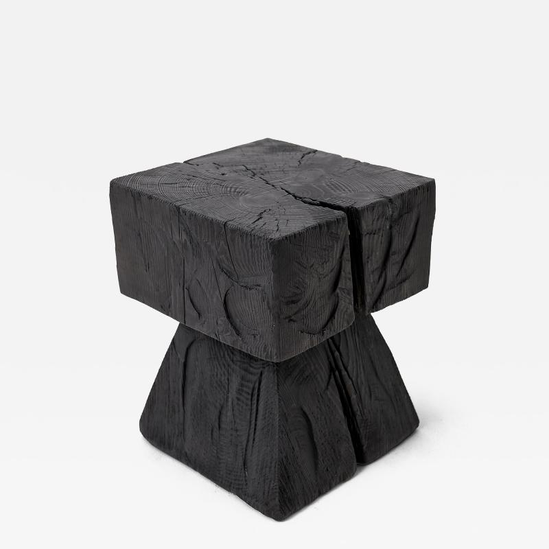  Logniture Sculptural Hardwood Side Table Stool Charred Wood Hand Carved Logniture