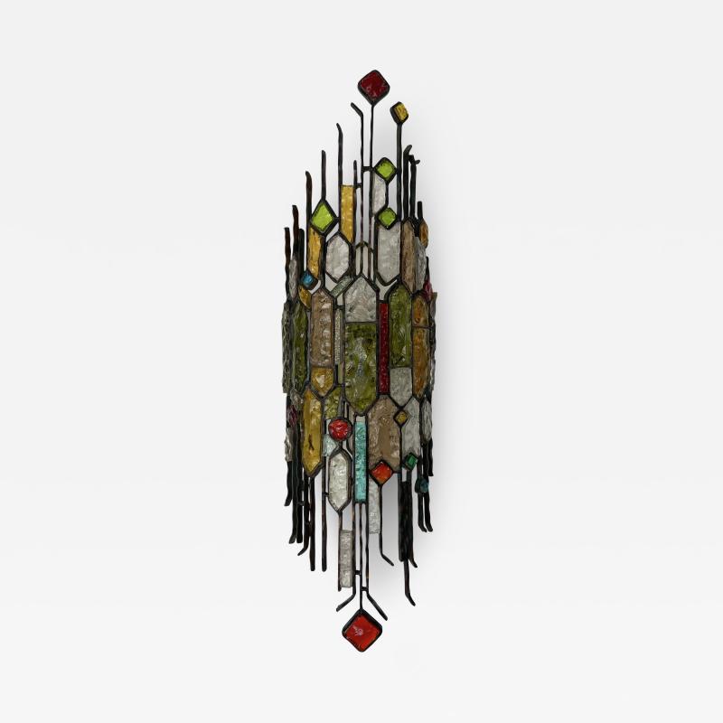  Longobard Extra Large Hammered Glass Wrought Iron Sconce by Longobard Italy 1970s