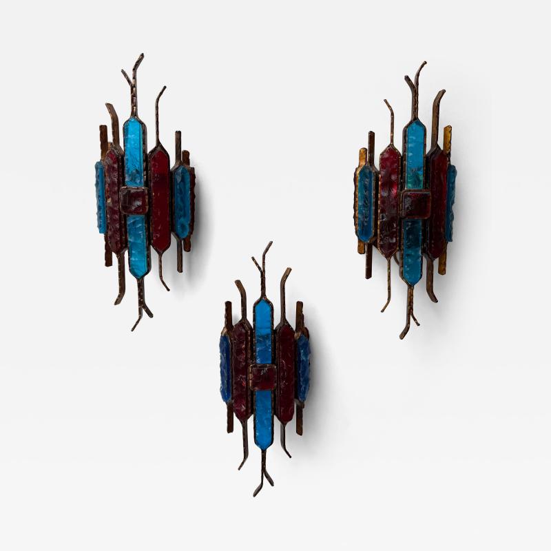  Longobard Hammered Glass Wrought Iron Sconce by Longobard Italy 1970s