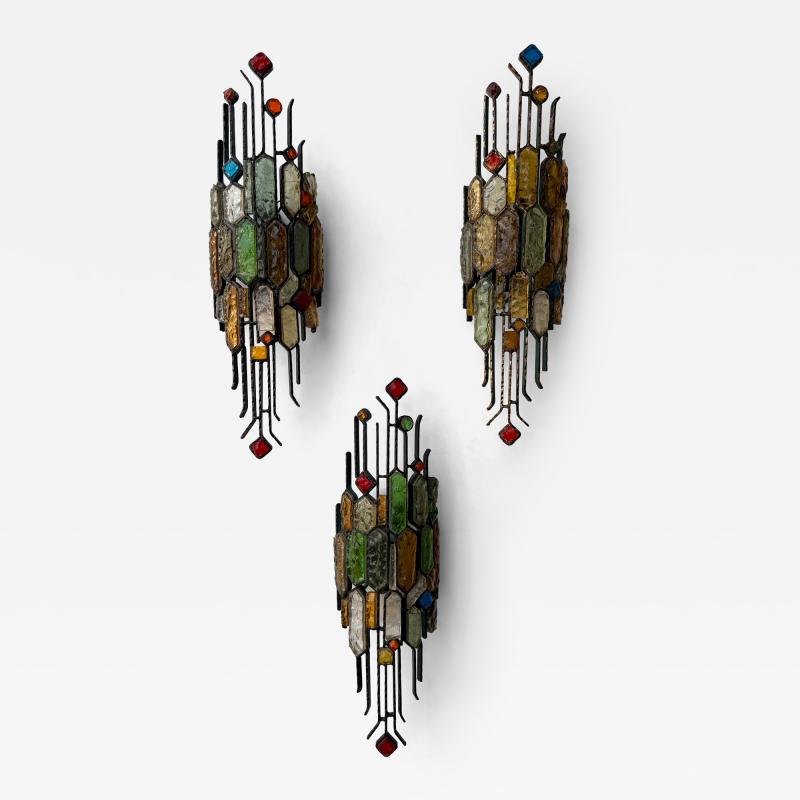  Longobard Hammered Glass Wrought Iron Sconce by Longobard Italy 1970s