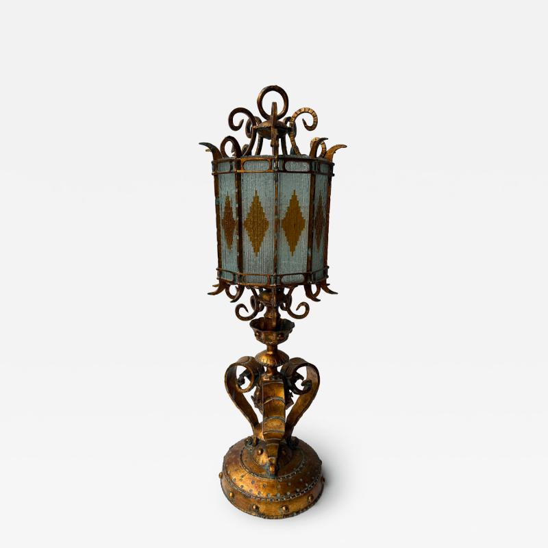 Longobard Large Hammered Glass Wrought Iron Lantern Lamp by Longobard Italy 1970s