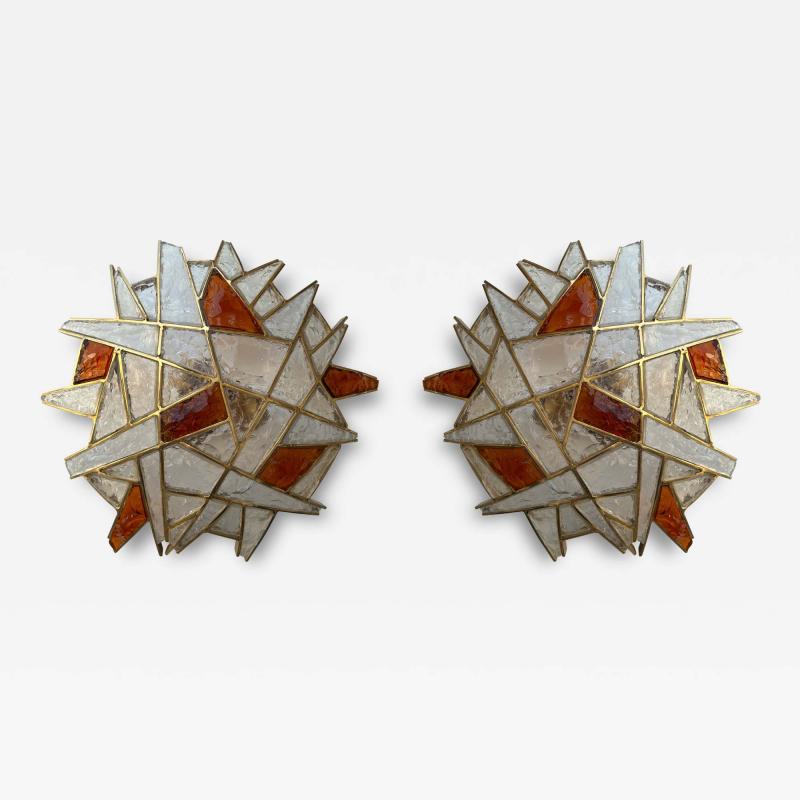  Longobard Large Pair of Hammered Glass Gilt Wrought Iron Sconces by Longobard Italy 1970s