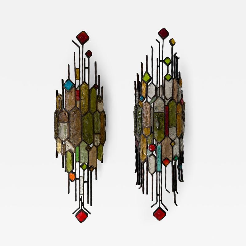  Longobard Large Pair of Hammered Glass Wrought Iron Sconces by Longobard Italy 1970s