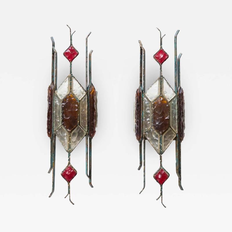  Longobard PAIR OF HAMMERED GLASS ON WROUGHT WALL LIGHTS BY LONGOBARD