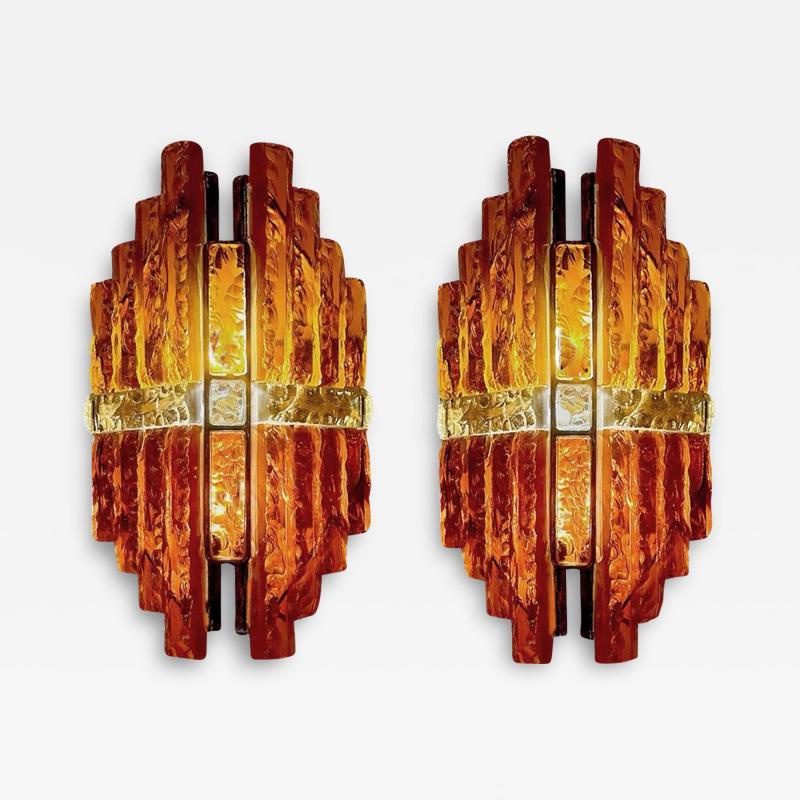  Longobard Pair Longobard Amber and Topaz Hammered Murano Glass and Wrought Iron Sconces