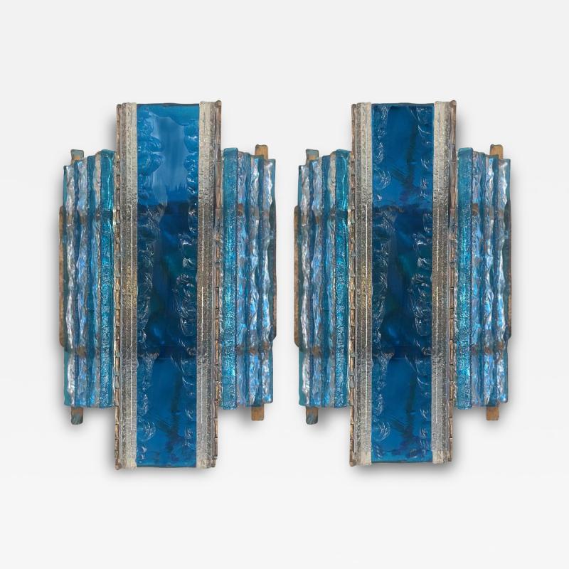  Longobard Pair Longobard Blue and Clear Hammered Murano Glass and Wrought Iron Sconces