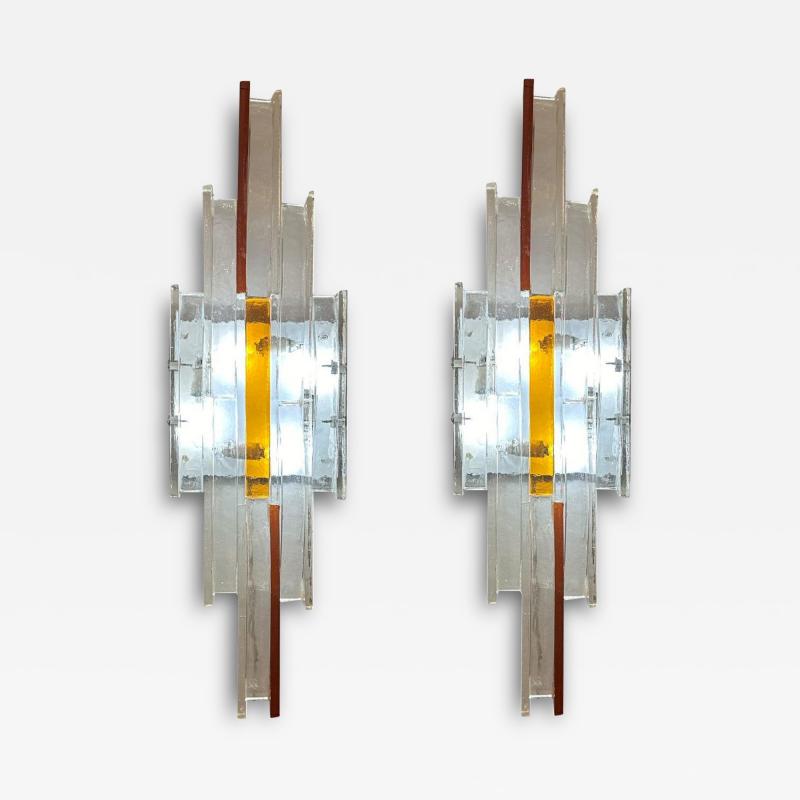  Longobard Pair Longobard Clear Murano Glass Arch Sconces with Yellow Red Glass Accents