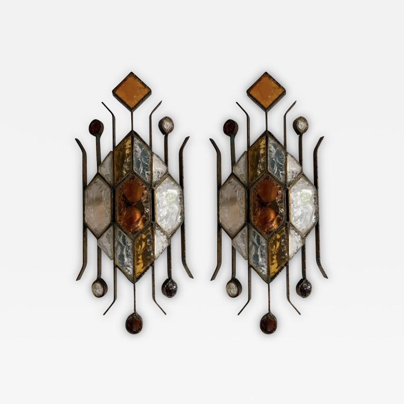  Longobard Pair of Hammered Glass Sconces by Longobard Italy 1970s