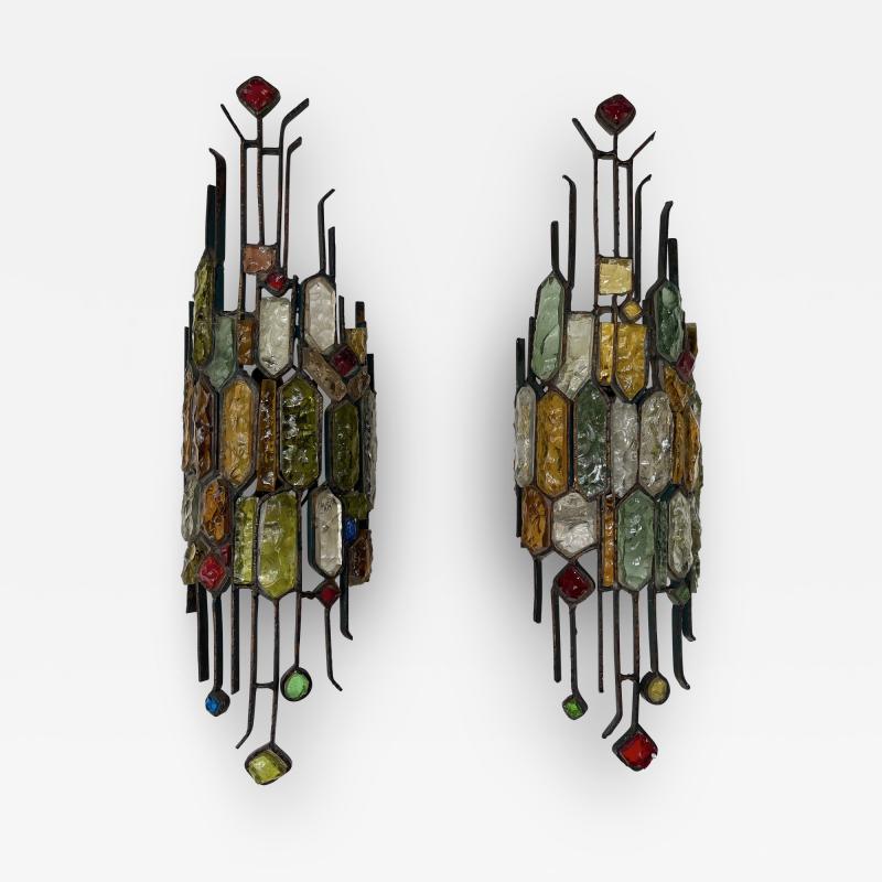  Longobard Pair of Hammered Glass Wrought Iron Sconces by Longobard Italy 1970s