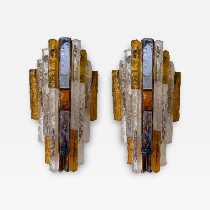  Longobard Pair of Hammered Glass Wrought Iron Sconces by Longobard Italy 1970s