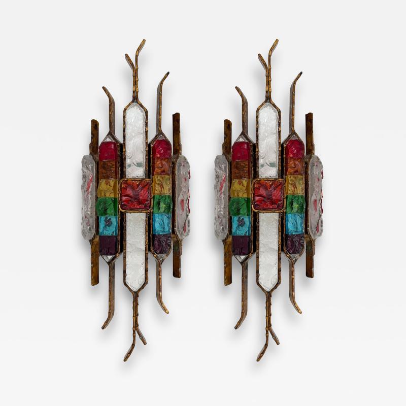  Longobard Pair of Hammered Glass Wrought Iron Sconces by Longobard Italy 1970s