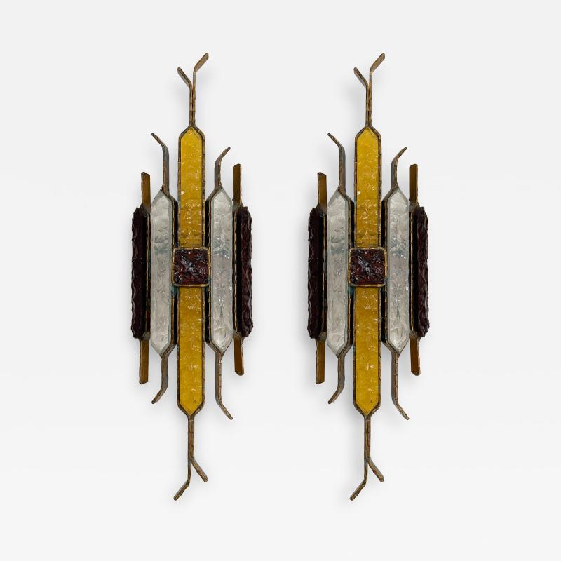  Longobard Pair of Hammered Glass Wrought Iron Sconces by Longobard Italy 1970s
