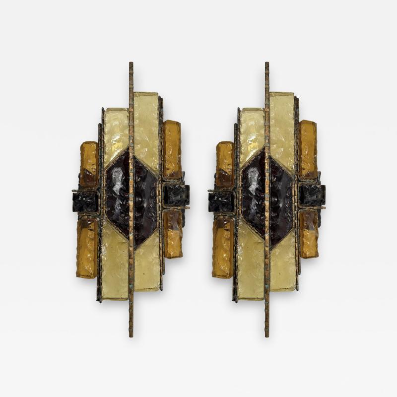  Longobard Pair of Hammered Glass Wrought Iron Sconces by Longobard Italy 1970s