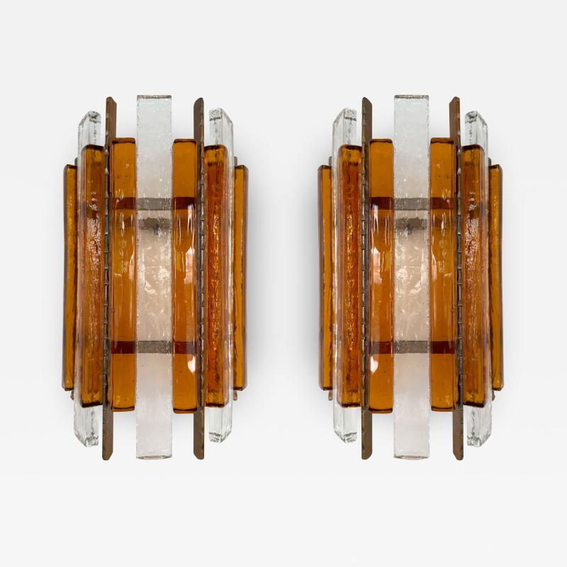  Longobard Pair of Hammered Glass Wrought Iron Sconces by Longobard Italy 1970s