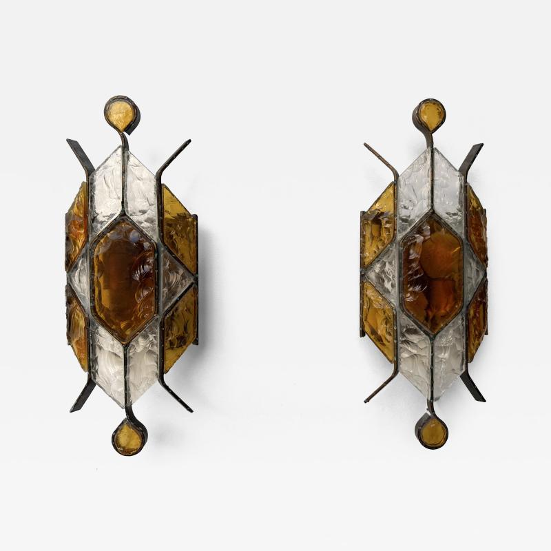  Longobard Pair of Hammered Glass Wrought Iron Sconces by Longobard Italy 1970s