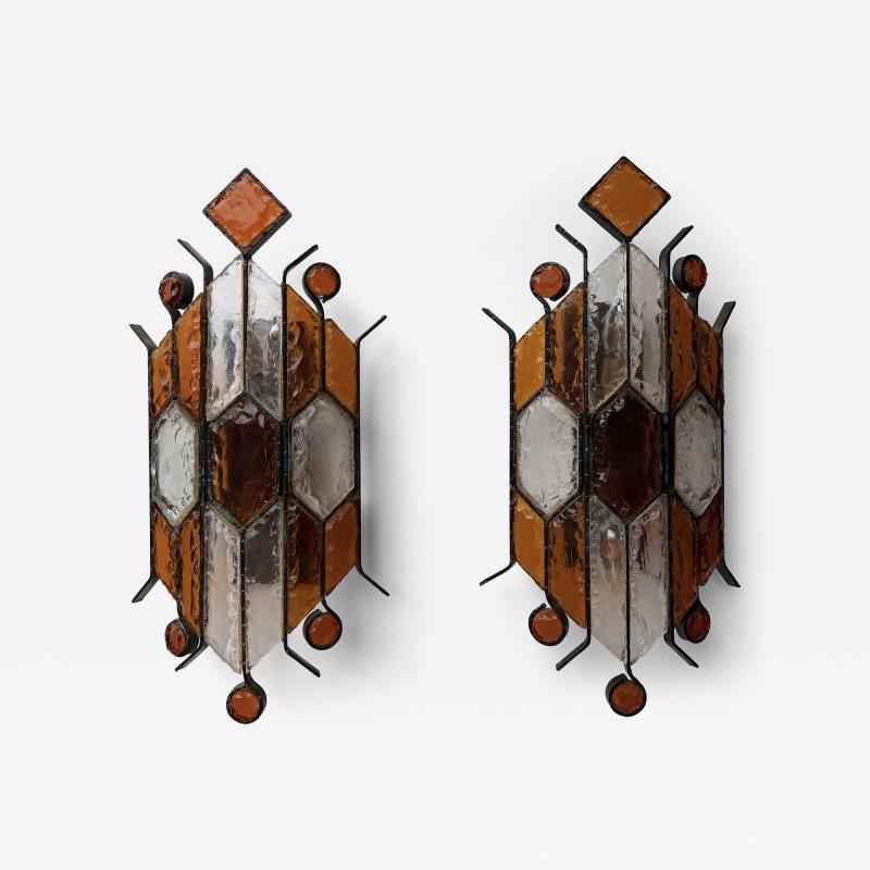Longobard Pair of Hammered Glass Wrought Iron Sconces by Longobard Italy 1970s