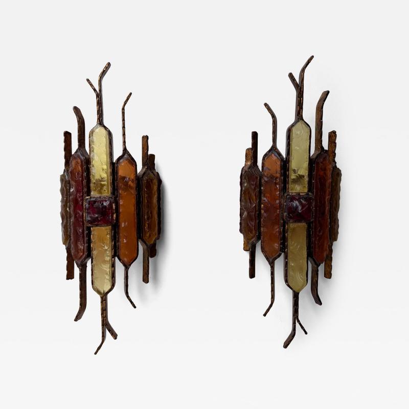  Longobard Pair of Hammered Glass Wrought Iron Sconces by Longobard Italy 1970s