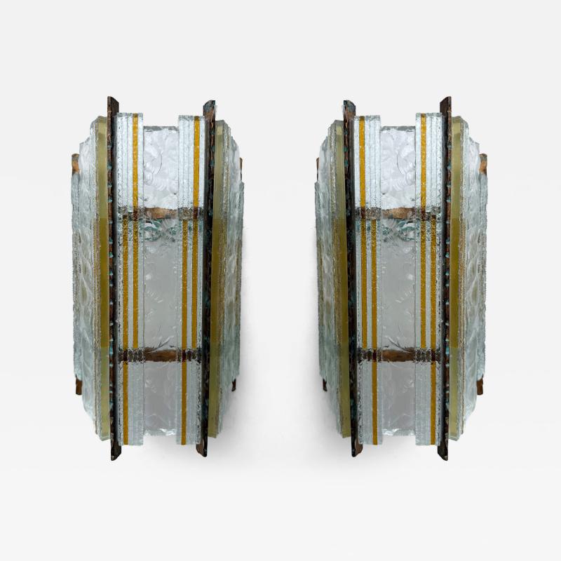 Longobard Pair of Hammered Glass Wrought Iron Sconces by Longobard Italy 1970s