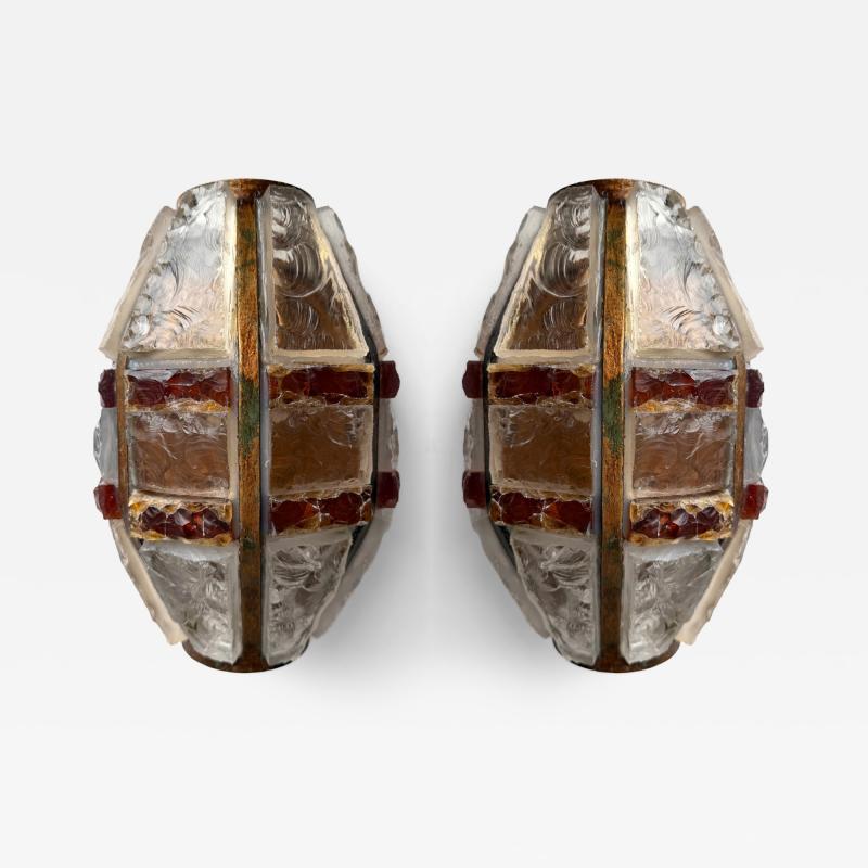  Longobard Pair of Hammered Glass Wrought Iron Sconces by Longobard Italy 1970s