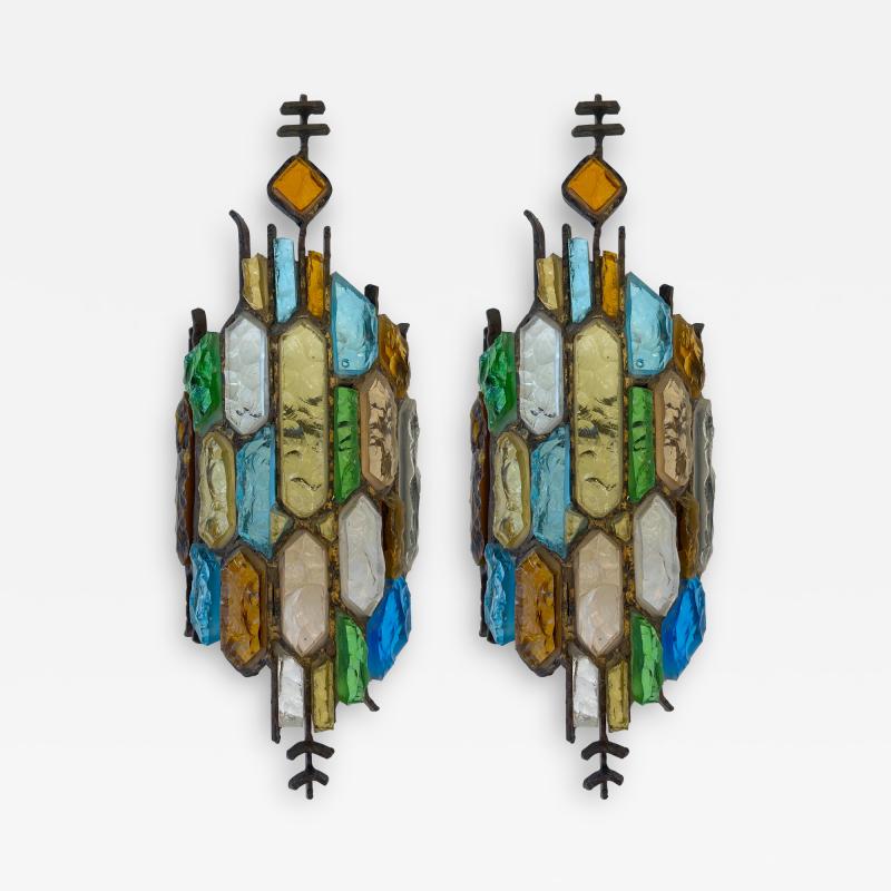  Longobard Pair of Hammered Glass and Gilt Iron Sconces by Longobard Italy 1970s