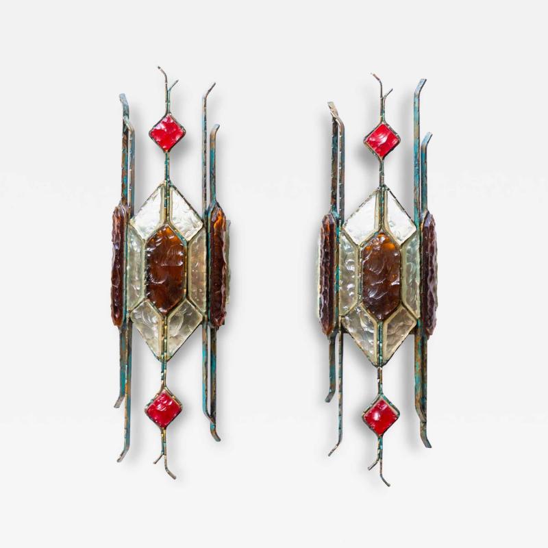  Longobard Pair of Hammered Glass on wrought Wall Lights By Longobard