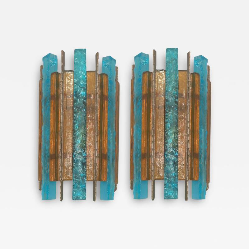  Longobard Pair of Longobard Turquoise and Amber Hammered Murano Glass and Iron Sconces