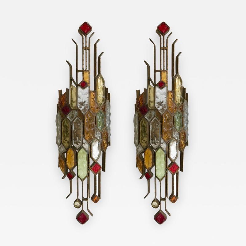  Longobard Pair of Sconces Hammered Glass by Longobard Italy 1970s