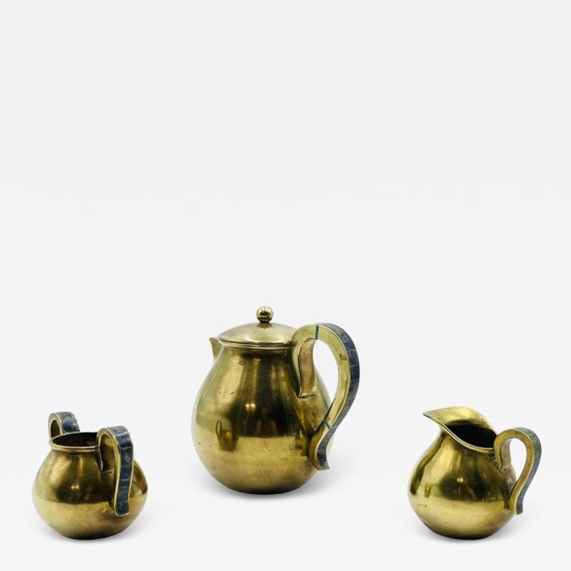  Los Castillo 1950s Los Castillo Taxco Brass Stone Inlaid Tea Set Mexican Modernism
