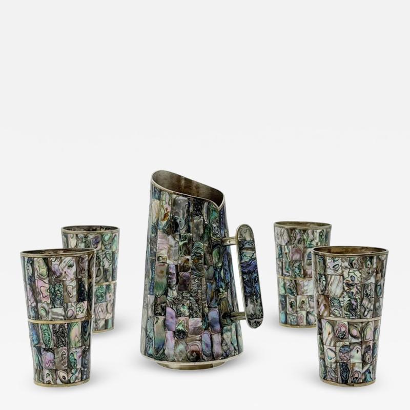  Los Castillo 1960s Mexican Abalone Inlay Alpaca Silver Pitcher 4 Tumblers Barware Set
