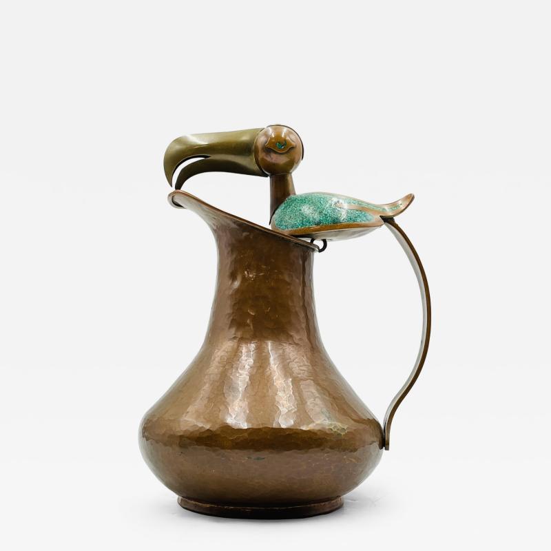  Los Castillo Hammered Copper Turquoise Inlay Toucan Water Pitcher by Alfredo Villasa a
