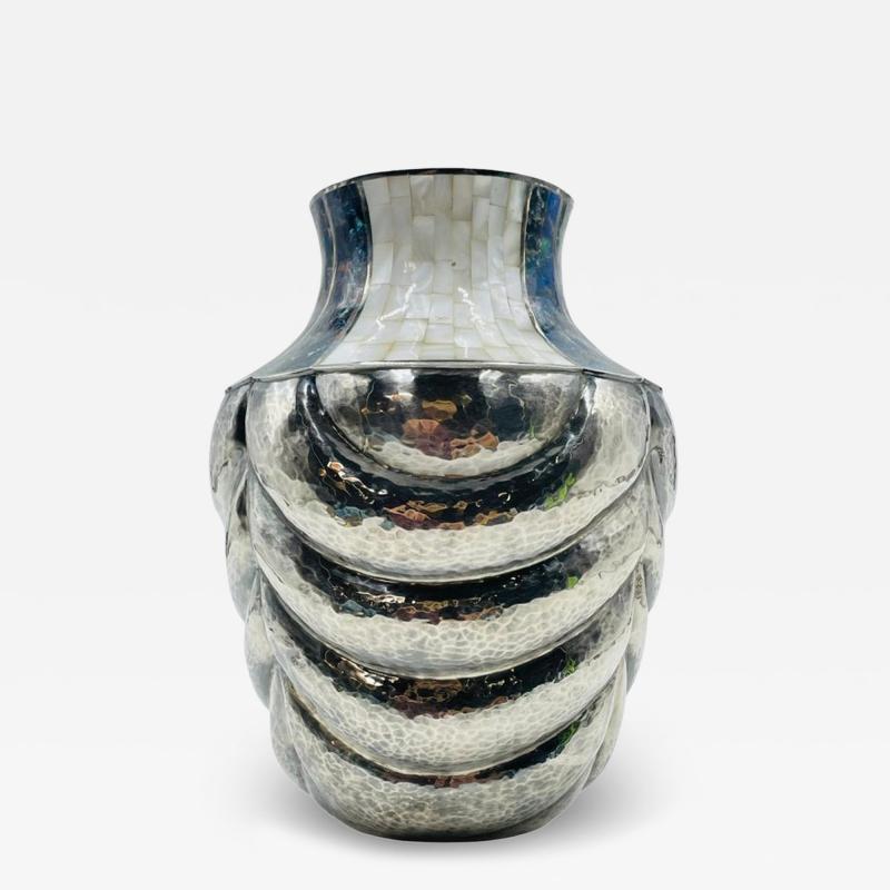  Los Castillo Los Castillo Studio Vase with Inlay and Hammered Finish Mexico 1970s