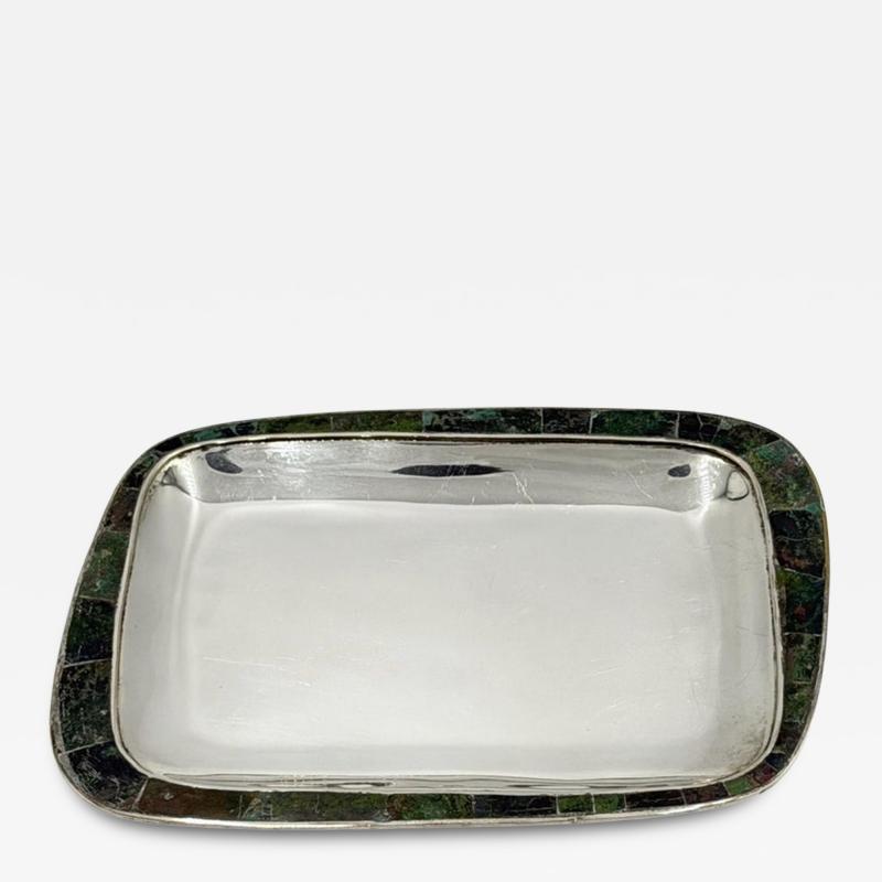  Los Castillo Los Castillo Taxco Azurite Lapis Inlaid Silver Plated Tray Mexican Modernist