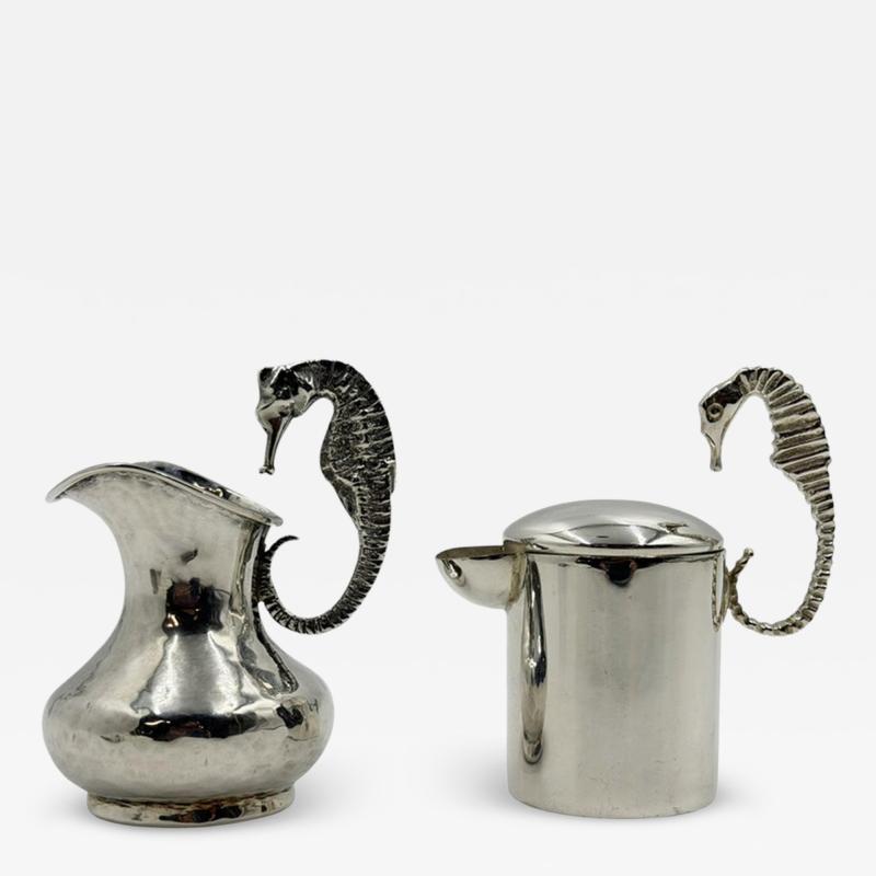  Los Castillo Los Castillo Taxco Seahorse Silver Plate Creamer Sugar Set Mexico 1950s