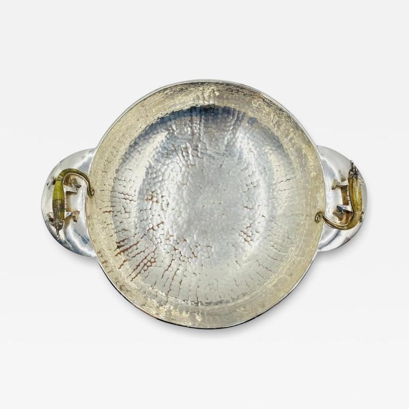  Los Castillo Silver Plated Bowl with Stone Inlaid Lizard Handles by Wolmar Castillo